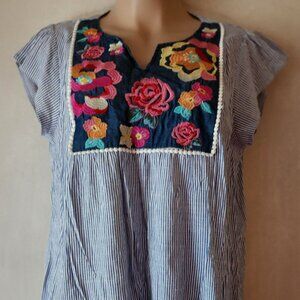 Savanna Jane Blue Striped Blouse with Floral Embroidery